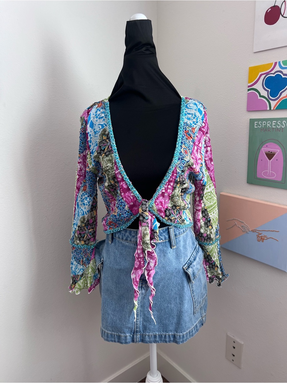 Y2K Alberto Makali Beaded Patchwork Tie Front Cardigan